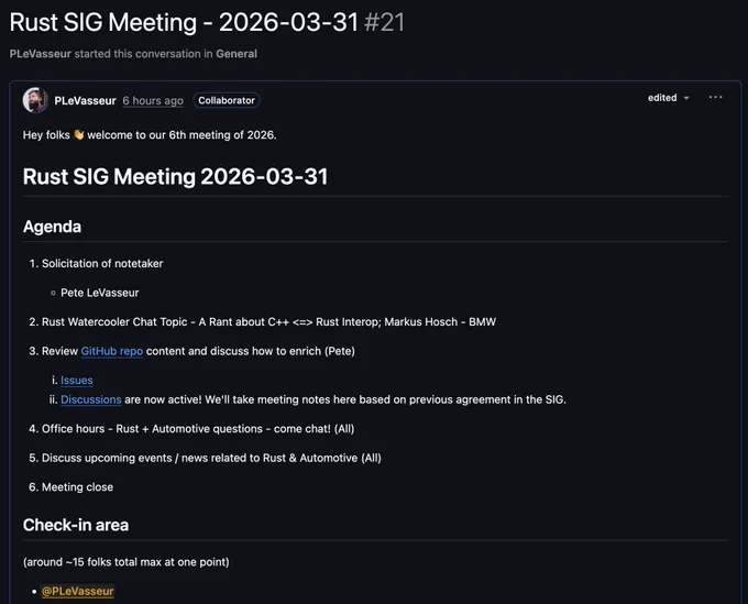 the Eclipse SDV Rust SIG meeting notes screenshot for 2026-03-31