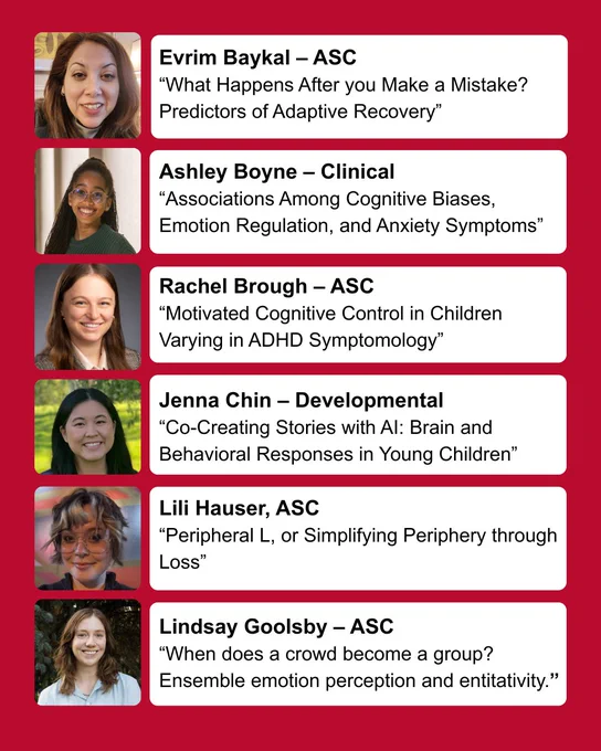 Event graphic for Research Night 2026 showing a lineup of graduate student speakers with headshots and talk titles, including topics such as adaptive recovery after mistakes, cognitive biases and anxiety, ADHD and cognitive control in children, AI and storytelling in early development, visual perception, and group emotion perception.