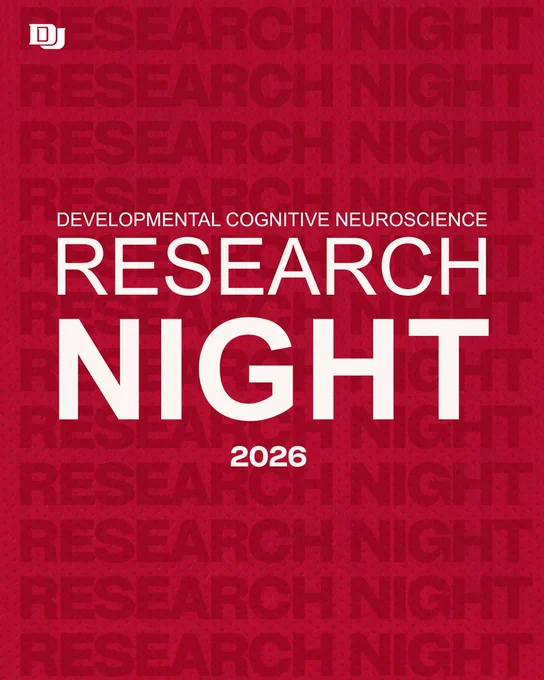 Red promotional graphic for Developmental Cognitive Neuroscience Research Night 2026, featuring bold white text reading “Research Night” with a subtle repeated background pattern of the same phrase.