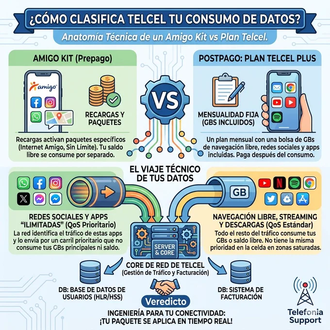 Infografía técnica y amigable sobre cómo Telcel segmenta el tráfico de datos para usuarios de Prepago y Postpago. A la izquierda, un smartphone Amigo Kit; a la derecha, un smartphone Plan Telcel Plus. Un diagrama de flujo muestra cómo la red clasifica el tráfico de "Redes Sociales Ilimitadas" (WhatsApp/FB/X) por un carril prioritario, y la "Navegación Libre/Streaming" (YouTube/Spotify) por otro carril diferenciado. Ambos fluyen hacia el 'Core de Red de Telcel', que gestiona la facturación y el consumo de saldo en tiempo real. Logotipo de Telefonia Support en la esquina inferior derecha.