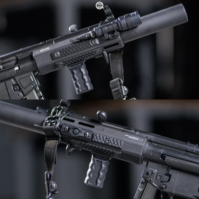 RailScales QTR Stop, RSBM-P Polymer M-LOK VFG, HTP MLOK Scales (Dragon, Black, 2.5-Slot), HTP Solo's (Dragon, Black, 1.5-Slot), Hardtop Mount for Scout Light Pro Lights | Heckler & Koch MP5SD, Hitec Arms HP5SD Receiver, Dakota Tactical MHS-SD M-LOK Rail w/ The One Cage, B&T USA MP5SD Suppressor, Surefire M340C-Pro Light w/ CSM-07 Pressure Switch, Ferro Concepts MultiCam Black Slingster w/ Blue Force Gear ULoop Sling Attachments, HK MP5 30rd Straight Mag, HK SEF Trigger Housing, HK SEF Full Auto Trigger Pack, HK SEF Long Axle Selector Lever, HK MP5 A3 Retractable Buttstock. 