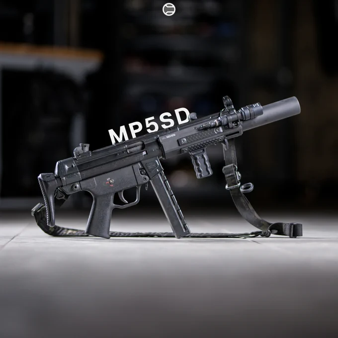 RailScales QTR Stop, RSBM-P Polymer M-LOK VFG, HTP MLOK Scales (Dragon, Black, 2.5-Slot), HTP Solo's (Dragon, Black, 1.5-Slot), Hardtop Mount for Scout Light Pro Lights | Heckler & Koch MP5SD, Hitec Arms HP5SD Receiver, Dakota Tactical MHS-SD M-LOK Rail w/ The One Cage, B&T USA MP5SD Suppressor, Surefire M340C-Pro Light w/ CSM-07 Pressure Switch, Ferro Concepts MultiCam Black Slingster w/ Blue Force Gear ULoop Sling Attachments, HK MP5 30rd Straight Mag, HK SEF Trigger Housing, HK SEF Full Auto Trigger Pack, HK SEF Long Axle Selector Lever, HK MP5 A3 Retractable Buttstock. 