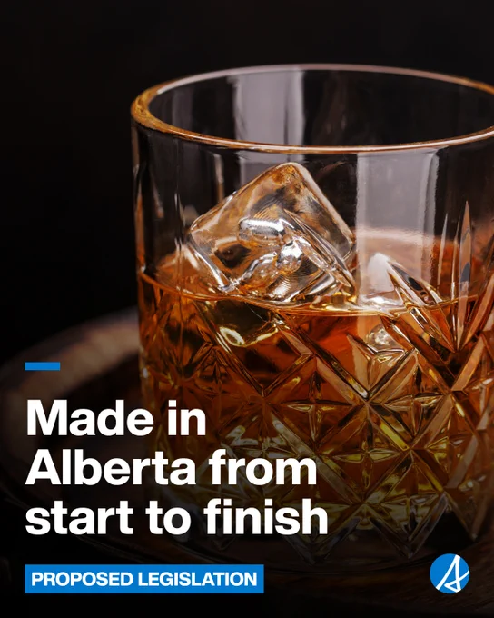 A cut glass filled with whiskey and ice cubes. The text reads Made in Alberta from start to finish. Proposed Legislation. The white A symbol on blue is in the bottom right hand corner.