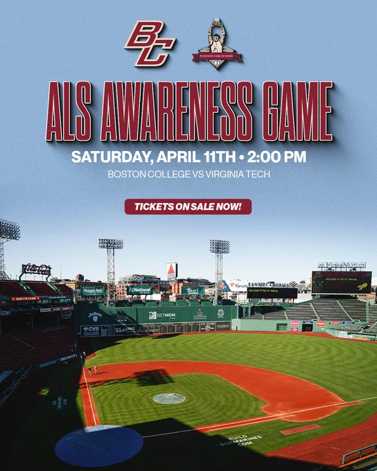 This is a promotional image for an "ALS Awareness Game" at Boston College. The bottom half shows Fenway Park's baseball field. The top half has logos for Boston College and Virginia Tech, along with the game's date and time details: Saturday, April 11th at 2:00 PM. A red button says "Tickets on Sale Now!