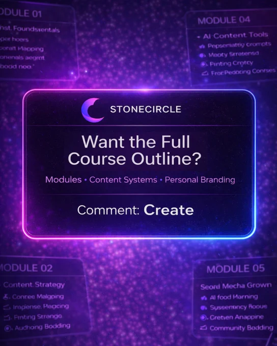 StoneCircle promotional graphic with glowing card saying “Modules • Content Systems • Personal Branding — Comment Create,” representing ai content systems course.