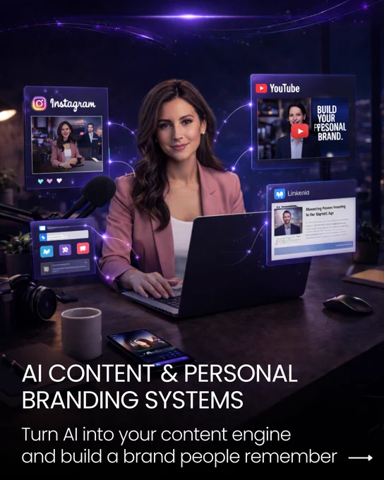 AI content and personal branding workspace showing creator using laptop with social media platforms like Instagram, YouTube and LinkedIn representing ai content systems and personal branding.