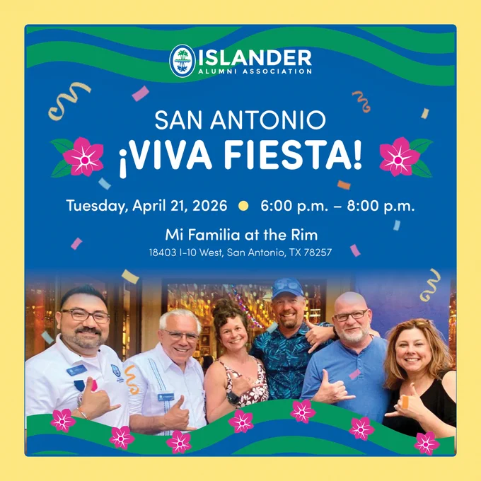 Promotional image for the Islander Alumni Association's San Antonio Fiesta event on April 21, 2026, at Mi Familia at the Rim. Features a group of six Texas A&M University-Corpus Christi alumni smiling with shakas up, surrounded by festive decorations and event details.
