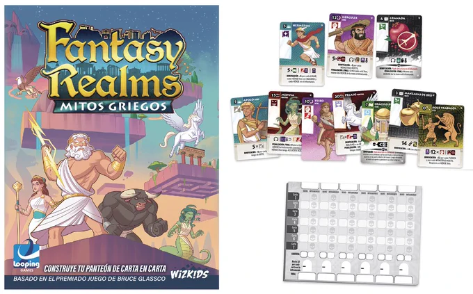 Fantasy Realms: Mitos Griegos.
Autor: Bruce Glassco.
Il·lustrador: Darren Calvert.
Jugadors: 2–6. Durada: 20'. Edat:  12 anys.
https://boardgamegeek.com/boardgame/428664/fantasy-realms-greek-legends
