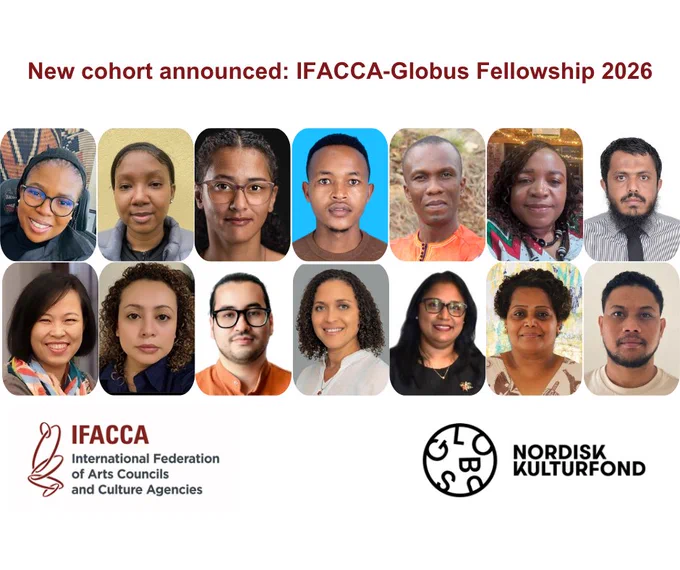 Image includes portrait photos of 14 Fellows across Africa, Asia, the Caribbean, Latin America and the Pacific alongside heading text: New cohort announced: IFACCA-Globus Fellowship 2026