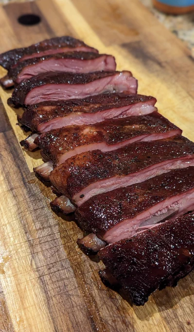 Pork spare ribs, St. Louis style, cold smoked and then finished at 250