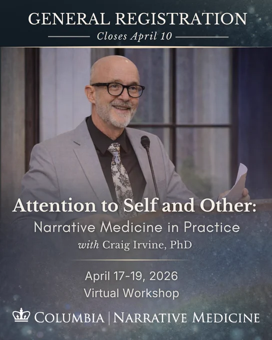 Craig Irvine, PHD stands at a lectern smiling. General Registration for Columbia Narrative Medicine's Spring Virtual Workshop Closes April 10. 
