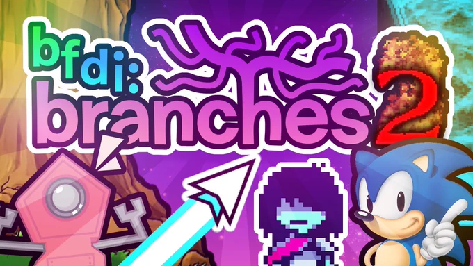 BFDI: Branches 2 logo with Penta, Geometry Dash's Wave, Kris, and Sonic.