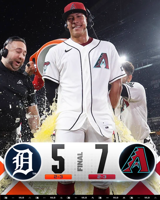 Final Score Graphic - 3/31/26
Tigers 5 (2-3), D-backs 7 (2-3)
Pictured: Jose Fernandez is doused with yellow Gatorade after his MLB debut. He wears a home white D-backs uniform with a red hat.