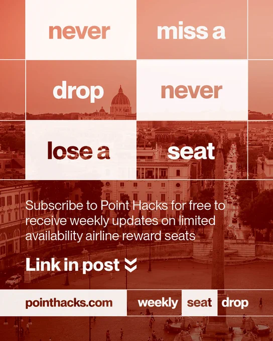 A cityscape view featuring St. Peter's Basilica in Rome, overlaid with text: "never miss a drop, never lose a seat." Below, there's an invitation to subscribe to Point Hacks for weekly updates on airline reward seats, with a link in the post.