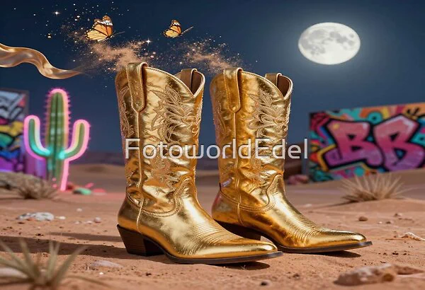 Golden Western Boots im Moonlight, Desert Sand, Neon Cactus, two Butterflies und ein magical Glow in einer surrealen Night‑Landscape.