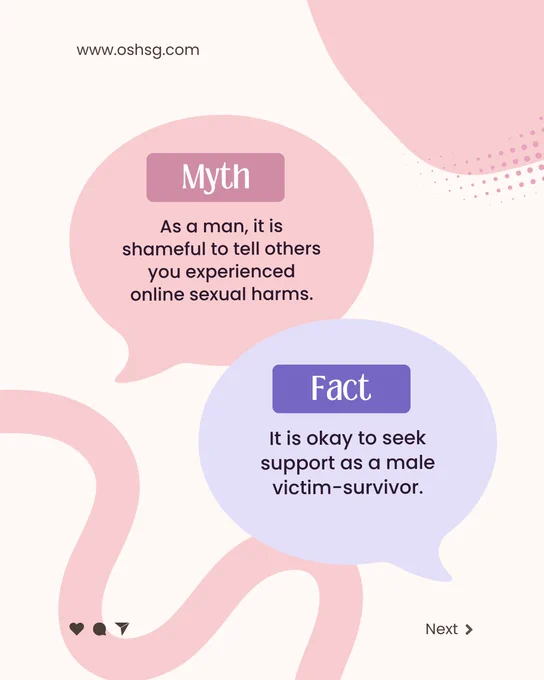 A pink speech bubble presents a myth: "As a man, it is shameful to tell others you experienced online sexual harms." 

A purple speech bubble presents a fact: "It is okay to seek support as a male victim-survivor." 