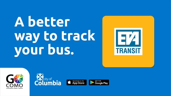 Blue and yellow graphic promoting ETA Transit app for real-time bus tracking in Columbia, Missouri.