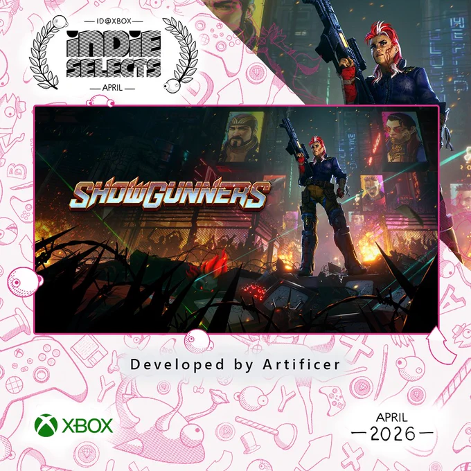 Promotional graphic for Shogunners featured on the official Xbox Indie Selects background. The image showcases the game's main art alongside the Xbox and Xbox Indie Selects April Collection logos. Text on the graphic identifies Artificer as the developer of the game.