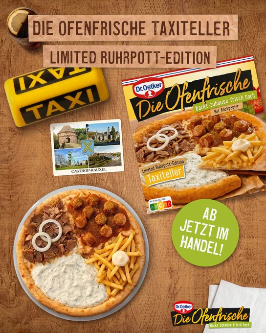 Die Ofenfrische Taxiteller - Limited Ruhrpott-Edition, ab jetzt im Handel erhältlich, Abbildung zeigt Verpackung und zubereitetes Produkt.