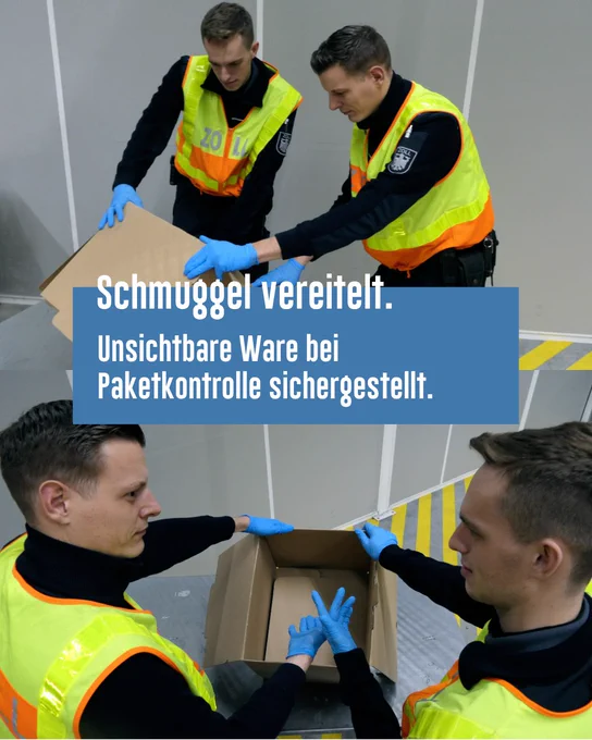 Zollbeamte in Warnwesten kontrollieren ein leeres Paket
Text: Schmuggel vereitelt. Unsichtbare Ware bei Paketkontrolle sichergestellt.