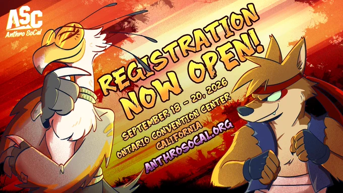 An anime-style convention poster. A Secretarybird (Clutch) wearing round glasses and a robe stands confidently on the left. On the right, a determined coyote (Kai) wearing a red bandana is in a fighting stance. The background is a red and yellow stripe pattern. Large central text reads: "REGISTRATION NOW OPEN!" Date and location details "September 18-20, 2026" and "ANTHROSOCAL.ORG" are below the main text. The Anthro SoCal logo is in the upper left.