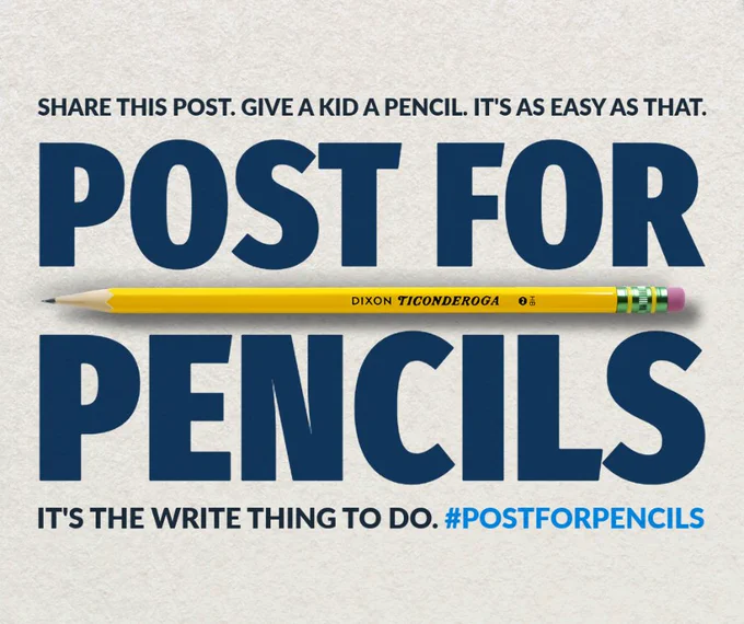 Yellow Dixon Ticonderoga pencil centered over bold text urging to share a post to give pencils to kids with hashtag #POSTFORPENCILS.