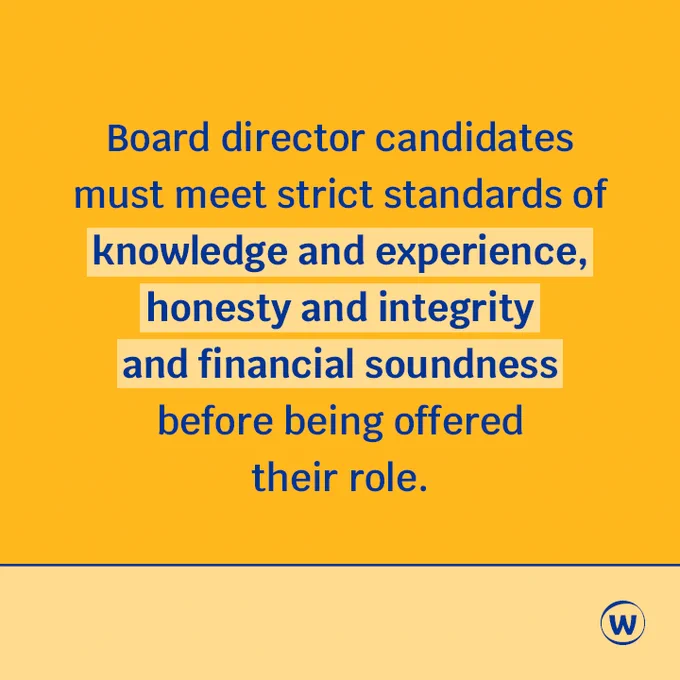 Text reads: Board director candidates must meet strict standards of knowledge and experience, honesty and integrity and financial soundness before being offered their role. 

The text of the graphic is blue. The background of the graphic is two shades of yellow. There is a blue Ofwat logo (a 'W' in a circle) in the bottom right hand corner of the graphic.

The text between "knowledge" and "soundness" is in bold, and is highlighted.