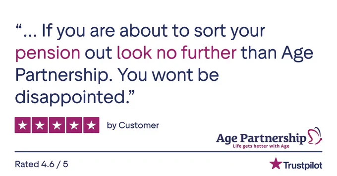 Customer testimonial praising Age Partnership for excellent pension services and high satisfaction.
