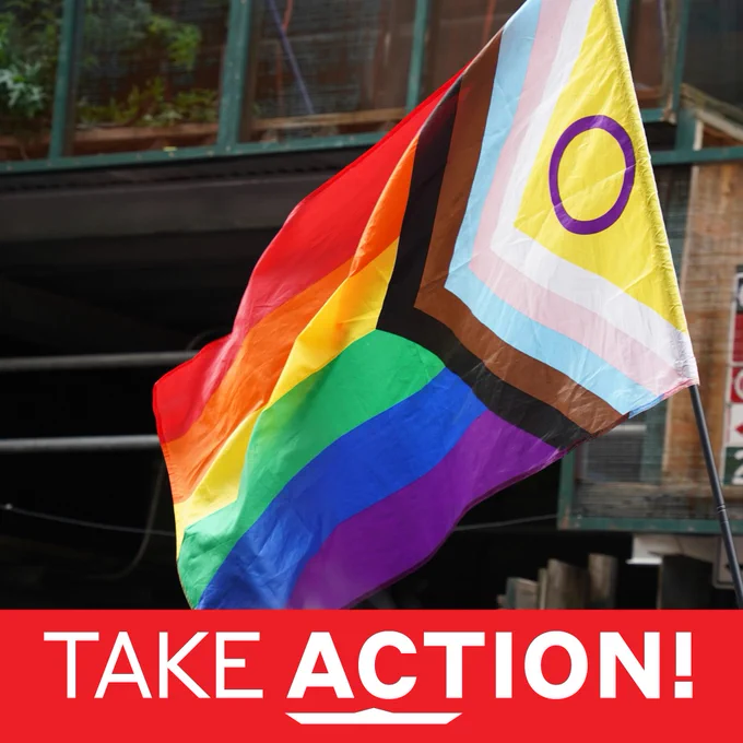 This is a photo of a Progress Pride Flag with the words TAKE ACTION!