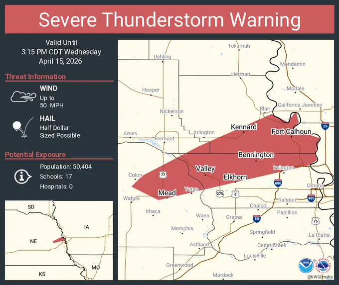 This graphic displays a severe thunderstorm warning plotted on a map. The warning is in effect until 3:15 PM CDT. The warning includes Valley NE, Bennington NE and Fort Calhoun NE.  This warning is for Southeastern Washington County in east central Nebraska, Southeastern Dodge County in east central Nebraska, Northern Douglas County in east central Nebraska and Northeastern Saunders County in east central Nebraska. The threats associated with this warning are wind gusts up to 50 MPH and half dollar sized hail. There are 50,404 people in the warning along with 17 schools and 0 hospitals.