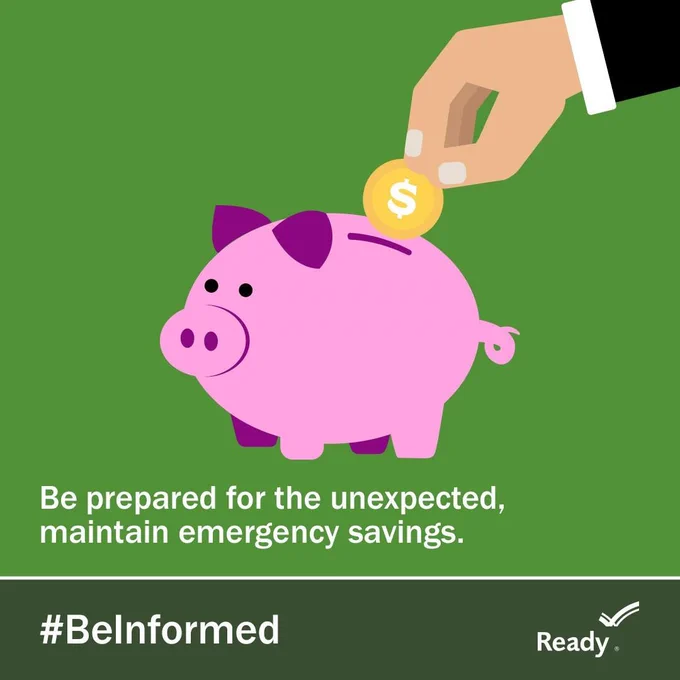A man puts a coin in a piggy bank with the caption "Be prepared for the unexpected, maintain emergency savings" 