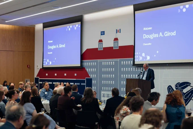 University of Kansas Chancellor Douglas A. Girod addresses the audience at the 2026 University Research Awards ceremony. 