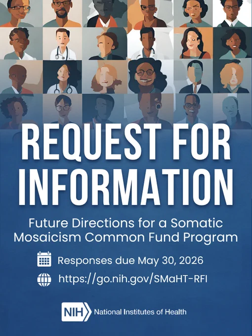 Image of a mosaic of individuals blended into a blue background graphic. Text reads: Request for Information: Future Directions for a Somatic Mosaicism Common Fund Program. Responses due: May 30, 2026. https://go.nih.gov/SMaHT-RFI. NIH logo: National Institutes of Health.