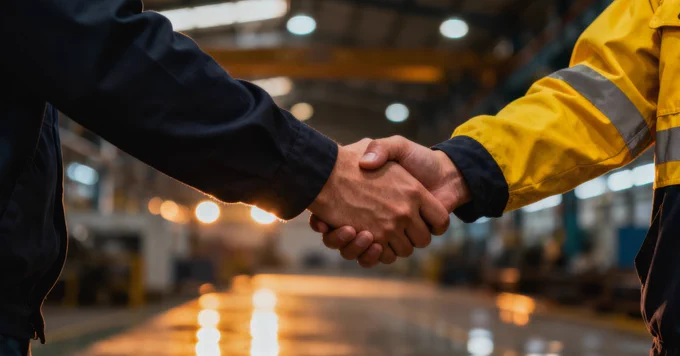 Close-up of a firm handshake between two workers in an industrial setting, one wearing a dark jacket and the other in a yellow high-visibility safety jacket.