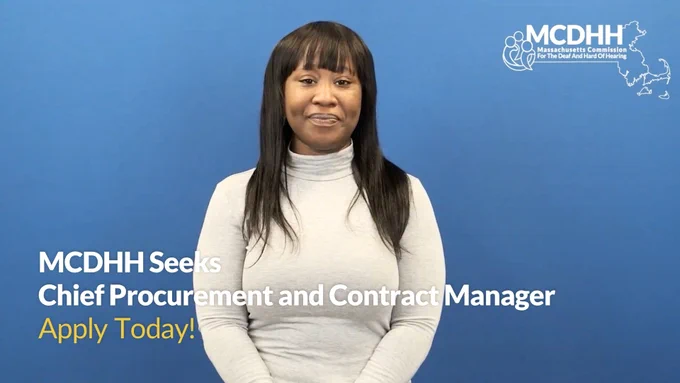 Graphic advertising open position for Chief Procurement and Contract Manager depicting MCDHH HR Liaison Janay smiling in turtleneck against blue background.