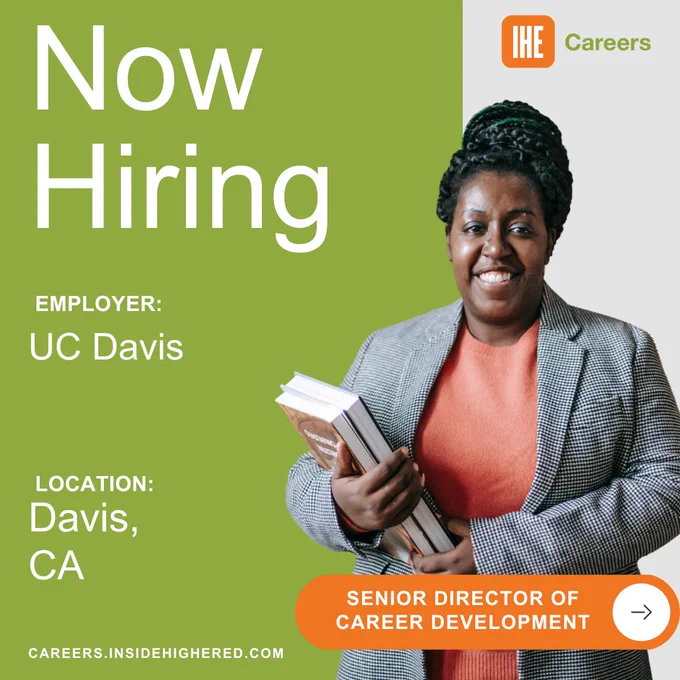 A black woman with her braids pulled into a bun is smiling and holding books. Around her the details for Senior Director of Career Development, UC Davis, in Davis, California.