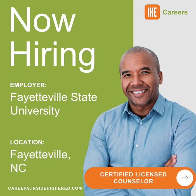 A black man is smiling in a sky blue button down. Around him the details Certified Licensed Counselor at Fayetteville State University in Fayetteville, NC.