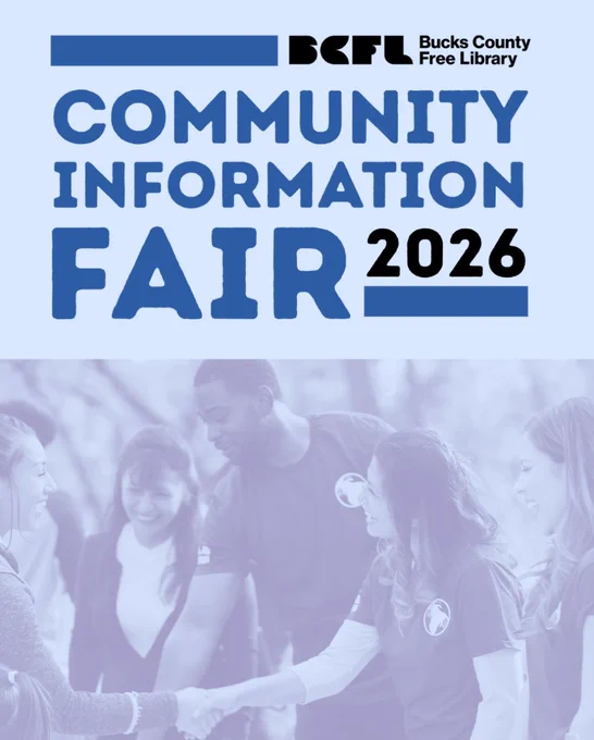 Bucks County Free Library Community Information Fair 2026. Picture of a group of people meeting each other and shaking hands in the background.