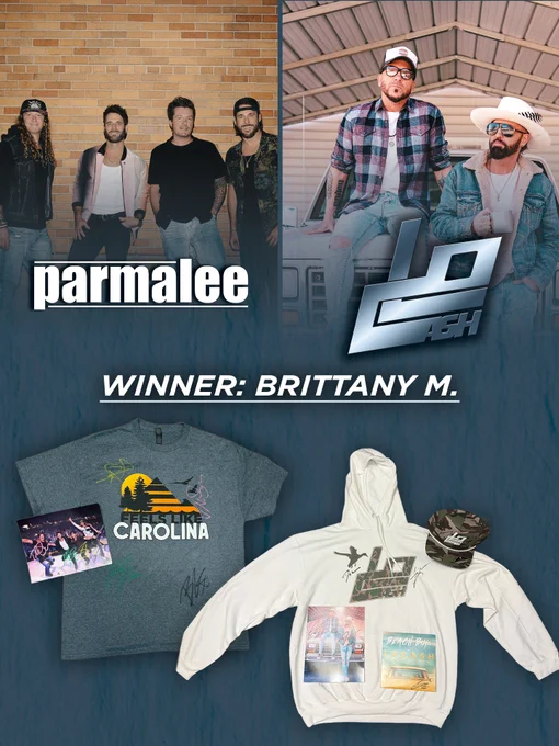 The image features promotional content for Parmalee and LOCASH. In the upper half, there are two group photos; on the left is Parmalee, and on the right is LOCASH. Below, there are fan merchandise items including a Carolina t‑shirt, a signed photo, a hoodie, and a cap. The text “Winner: Brittany M.” is displayed prominently.