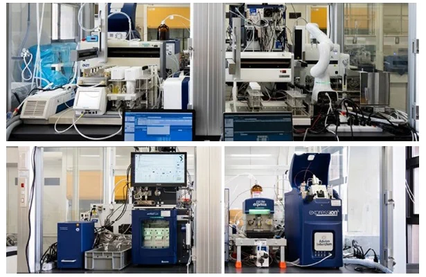 The automated organic synthesis system developed in this research
(Top left) Synthesis zone, (Top right) Post-processing and transfer zone, (Bottom left) Isolation and purification zone, (Bottom right) Analysis and identification zone.
Provided by the Institute for Molecular Science