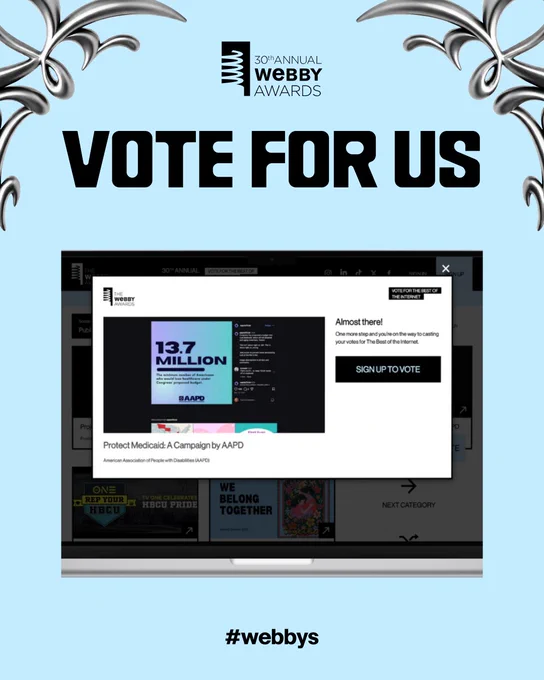 Stylized graphic showcasing our entry for the Webby's on a laptop screen. In large, all uppercase text above the laptop are the words "VOTE FOR US".