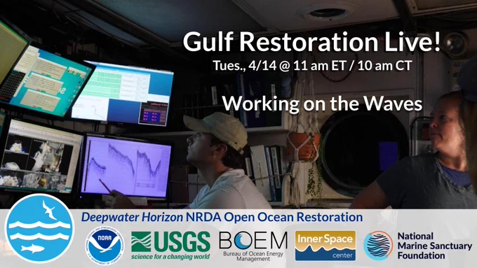 In dim lighting, a man and a woman are looking at four computer screens with various charts and graphs displayed. A porthole and shelf with books and binders are directly behind them. Overlaid text reads: "Gulf restoration live! Working on the waves.  Tuesday April 14th at 11 am ET, 10 am CT. Deepwater Horizon NRDA Open Ocean Restoration," followed by emblems from NOAA, USGS, BOEM, the Inner Space Center, and the National Marine Sanctuary Foundation.
