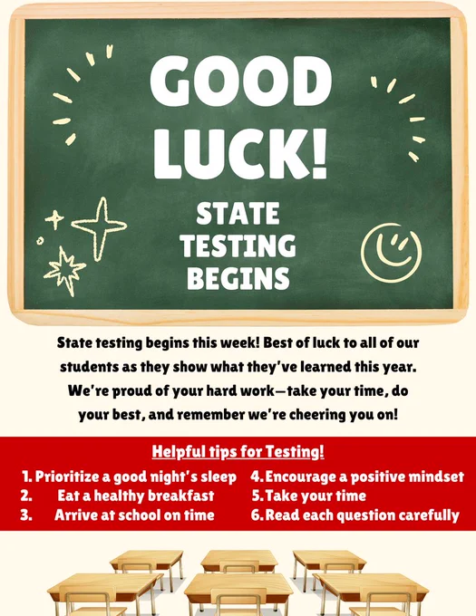 Good luck on State Testing, Huskies! Begins April 14th. 