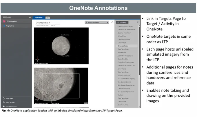 Screenshot showing OneNote annotations from the Artemis II Crew with the OneNote app showing a notebook with many pages including one showing photos of the moon