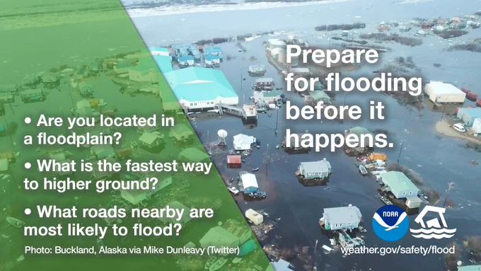 Aerial photo of severe flooding in Buckland, Alaska, with homes and roads partially submerged. A green overlay on the left includes safety questions: “Are you located in a floodplain?”, “What is the fastest way to higher ground?”, and “What roads nearby are most likely to flood?” Large white text on the right reads: “Prepare For Flooding Before It Happens.” Logos for NOAA and weather.gov/flood appear at the bottom.