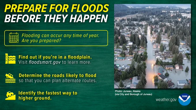 Aerial photo of flooding in Juneau, Alaska, showing water covering roads and surrounding homes in a wooded residential neighborhood. On the left side, a dark green background features bold yellow and white text: “Prepare for Floods Before They Happen.” Tips include checking if you live in a floodplain, identifying flood-prone roads, and knowing the fastest way to higher ground. The NOAA and weather.gov logos appear at the bottom.