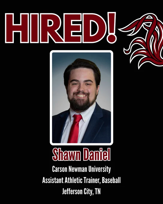 Graphic announcing that Shawn Daniel was hired as an athletic trainer for baseball at Carson Newman University in Jefferson City, TN