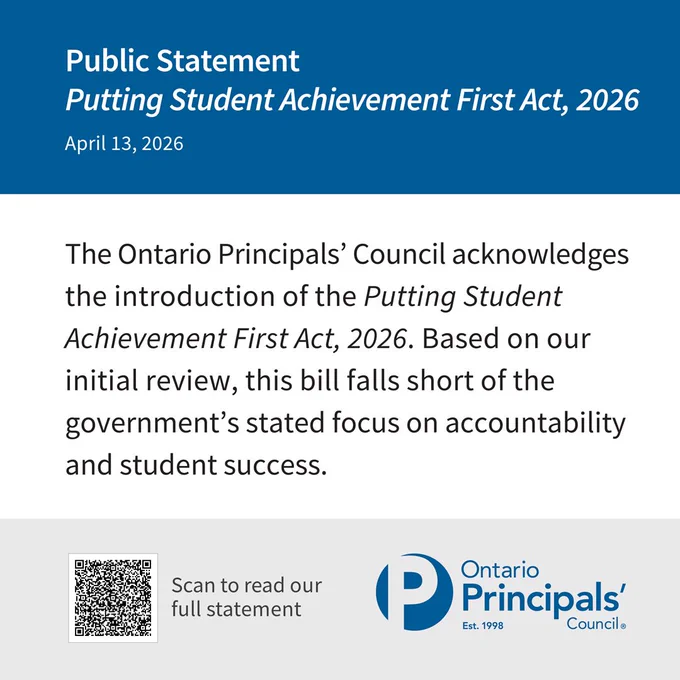 Public Statement
Putting Student Achievement First Act, 2026
April 13, 2026
The Ontario Principals’ Council acknowledges the introduction of the Putting Student Achievement First Act, 2026. Based on our initial review, this bill falls short of the government’s stated focus on accountability and student success.
Full statement: https://bit.ly/4tQ2zGl
