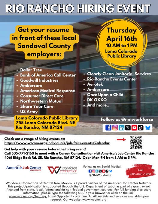 Hiring event in Rio Rancho on April 16 from 10 AM to 1 PM at Loma Colorado Library from 10 AM to 1 PM.