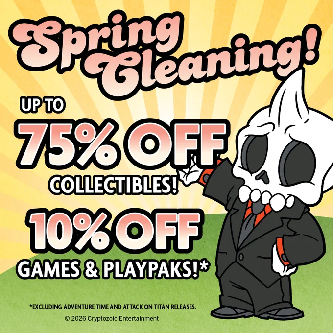 Bob, the Cryptozoic mascot, pointing at text saying "Spring Cleaning! Up to 75% Off Collectibles and 10% off Games & Playpacks!* Excluding Adventure Time and Attack on Titan releases. 